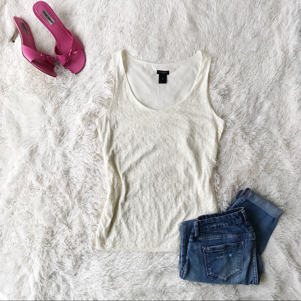Ann Taylor ivory mesh tank top embroidered sequins sleeveless scoop neck…Sz M